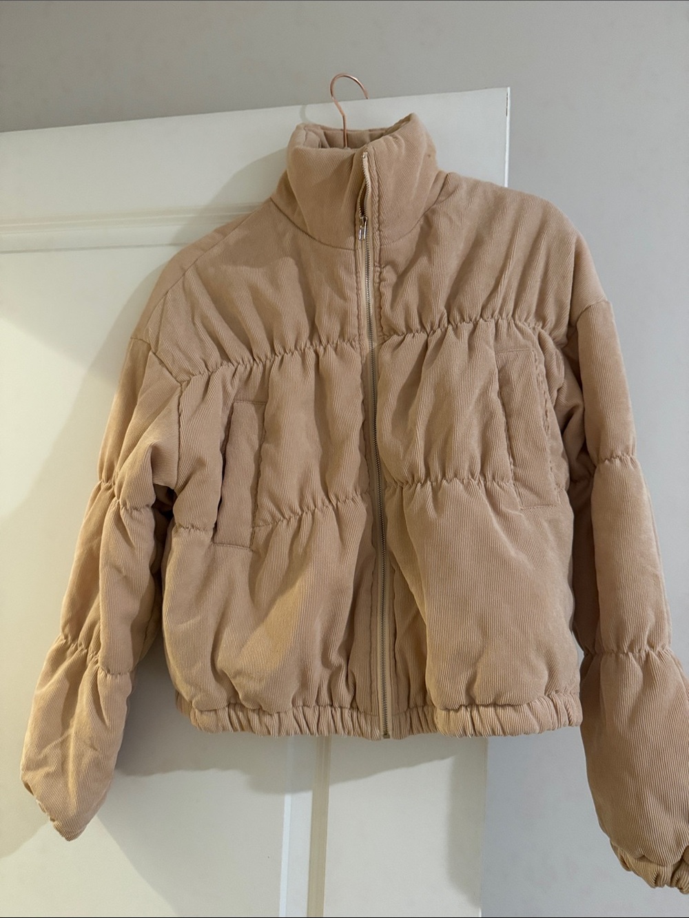Women's Neutral Beige Corduroy Puffer Jacket with High Collar